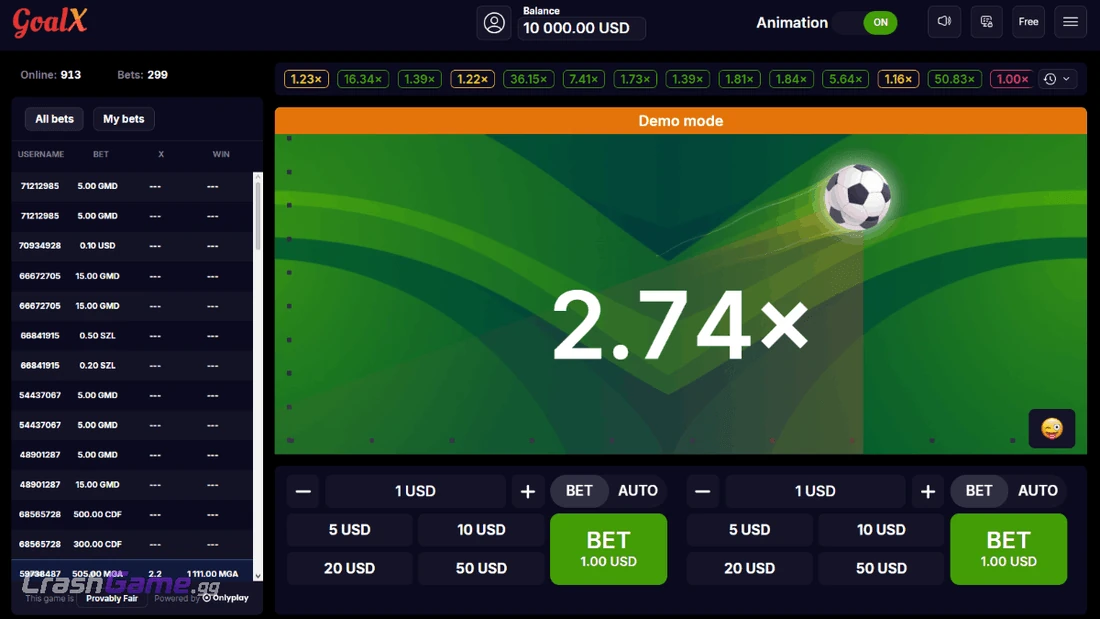 Goal X crash game gameplay screenshot by Onlyplay