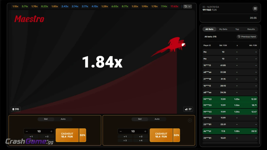 Maestro crash game gameplay screenshot by Galaxsys