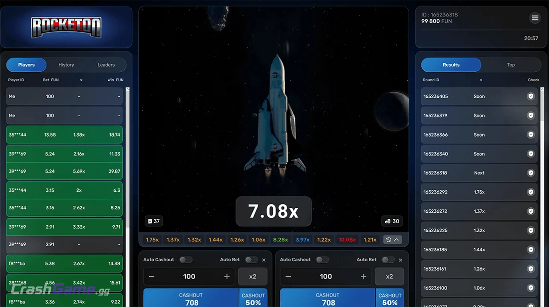 Rocketon crash game gameplay screenshot by Galaxsys
