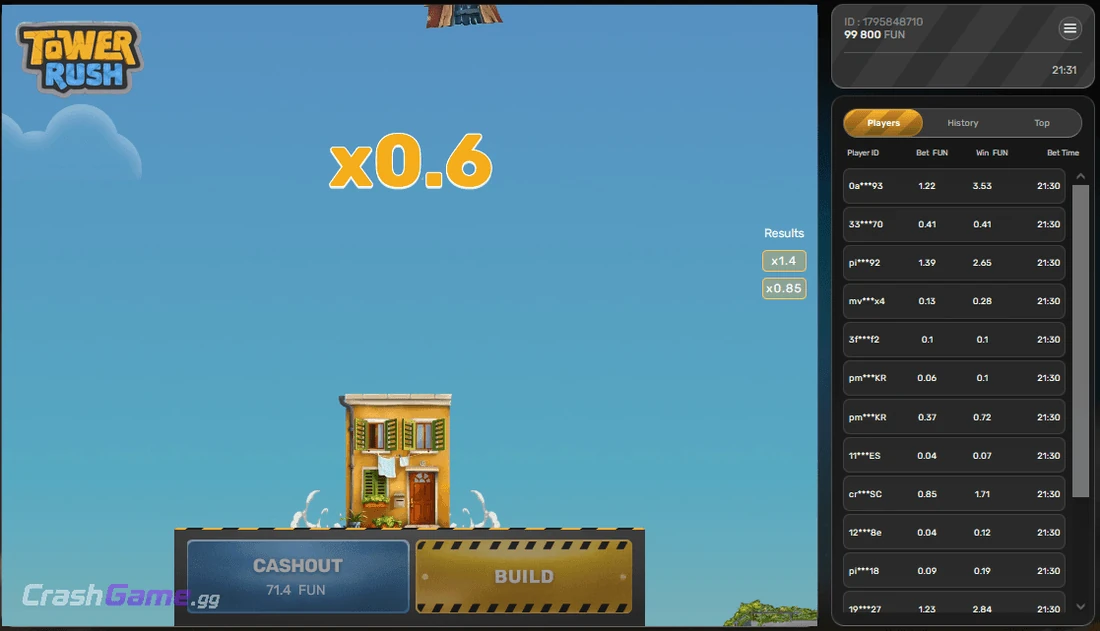 Tower Rush crash game gameplay screenshot by Galaxsys